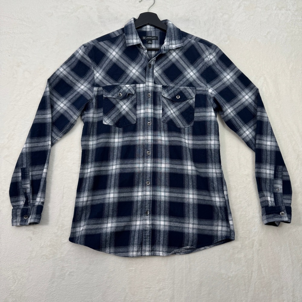 INC Button Down Shirt Mens S Navy Blue Plaid International Concepts Long Sleeve
